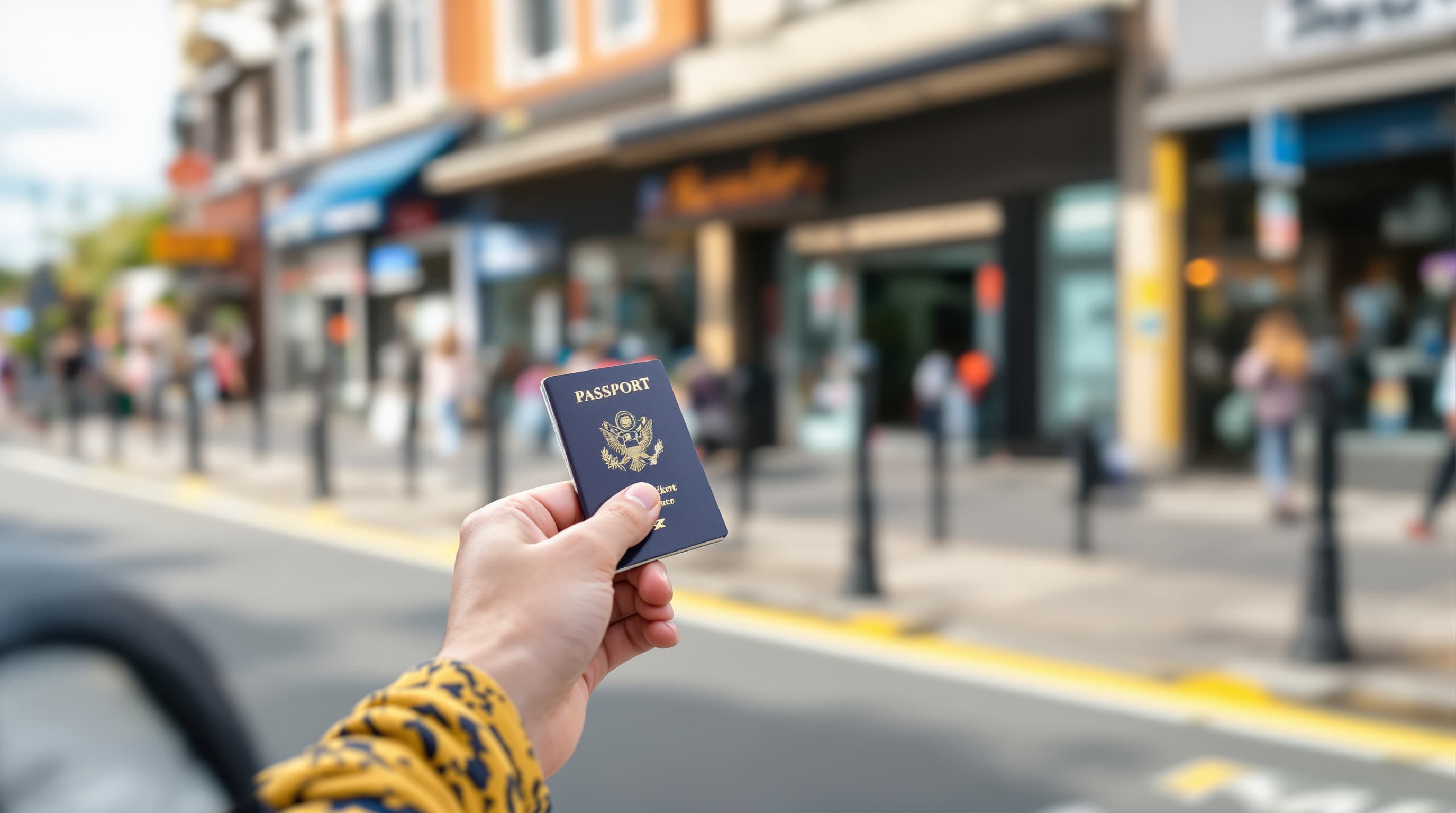 A US passport held up on a busy street near the bridge