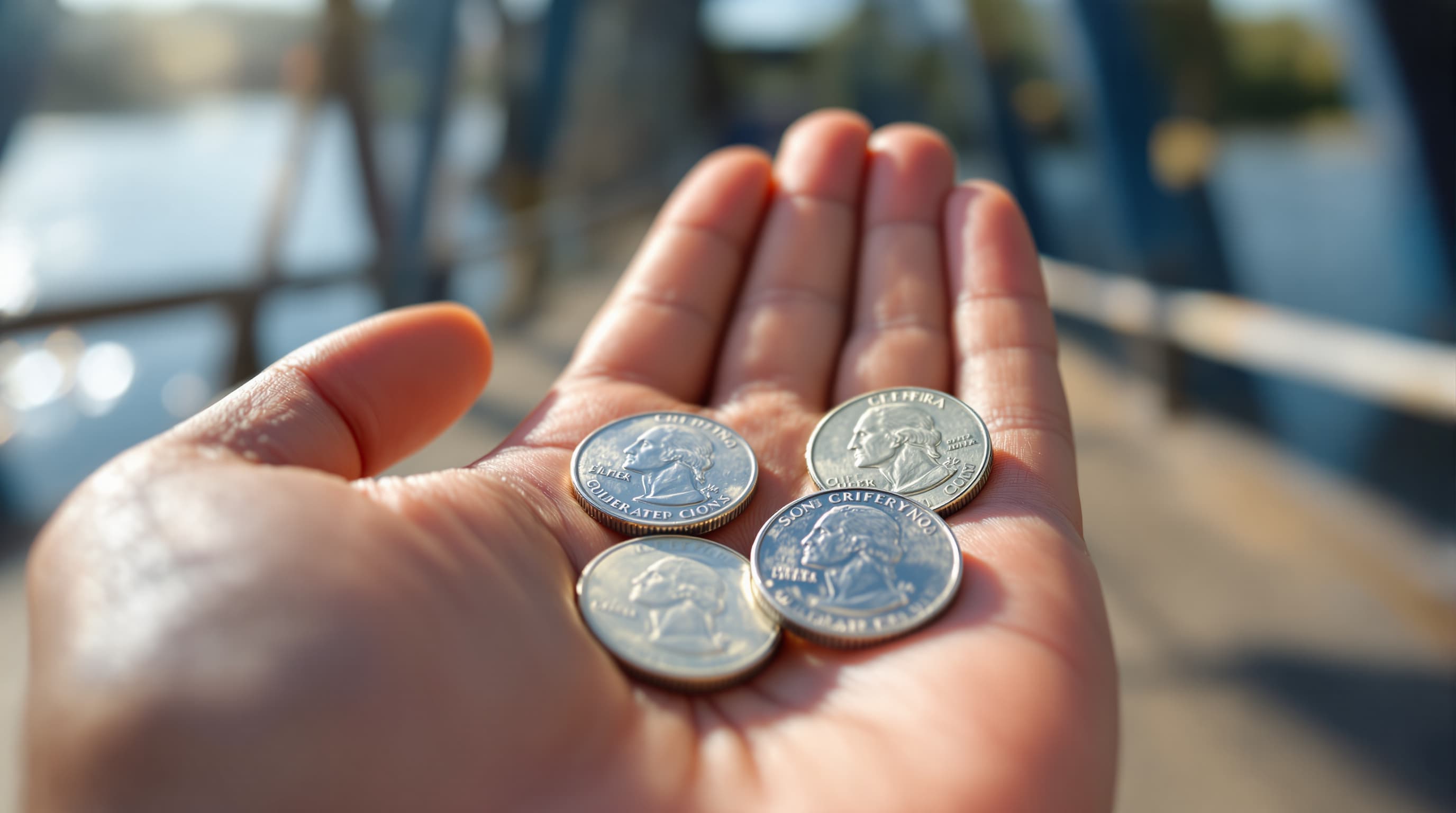 Four quarters in an open hand, the change the walking turnstile asks for