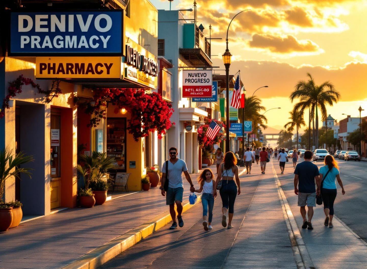 Nuevo Progreso main street at golden hour — clinics, pharmacies, and storefronts
