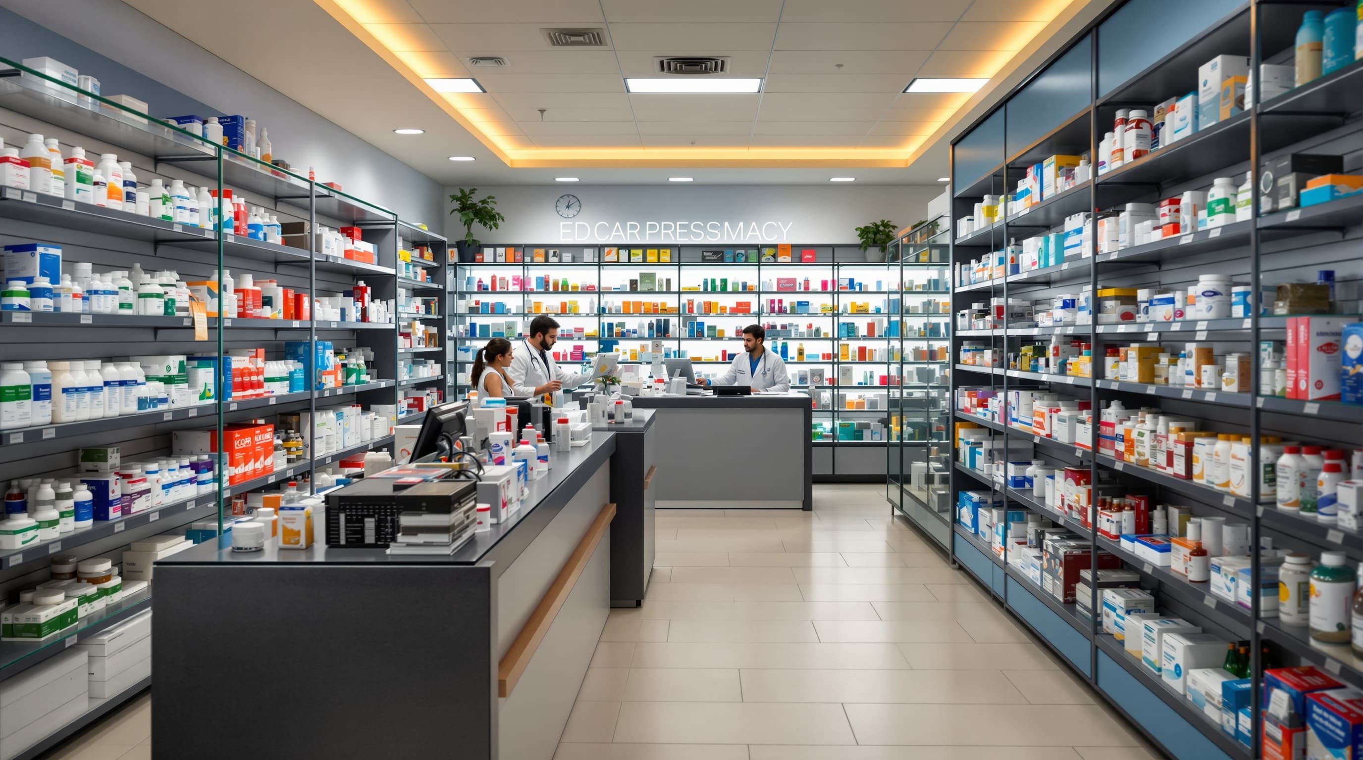 Pharmacy interior in Nuevo Progreso — licensed pharmacies with pharmacists on staff, offering the same brand-name medications at regulated Mexican prices