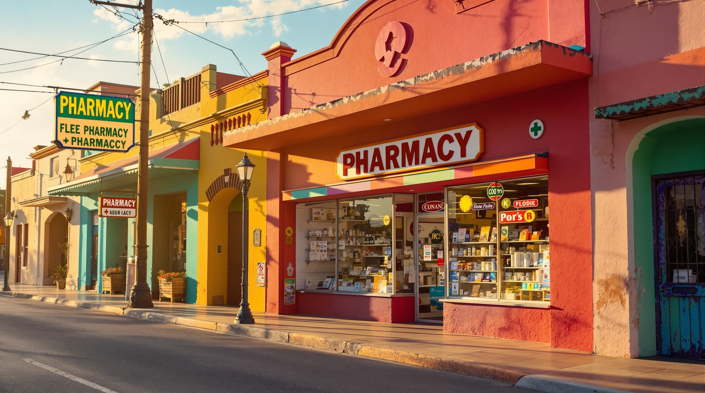 Pharmacy storefronts on the main avenue in Nuevo Progreso — hundreds of licensed pharmacies offering prescription medications at a fraction of U.S. prices